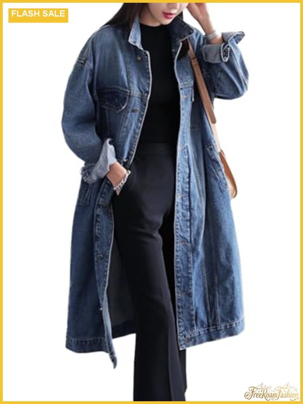 Women's Long Denim Jean Jacket Plus Size Trench Coat